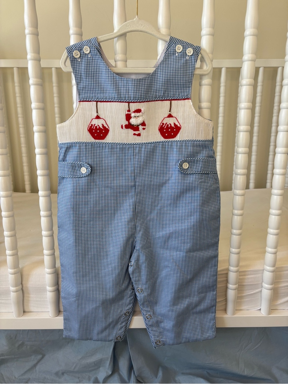 Smocked Santa Blue Gingham Long-all mom&me
